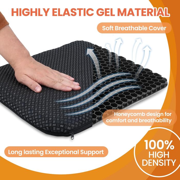 Ортопедична гелева подушка на стілець для офісу та авто, протиковзаюча та дихаюча, чорна (47x44x4 см)