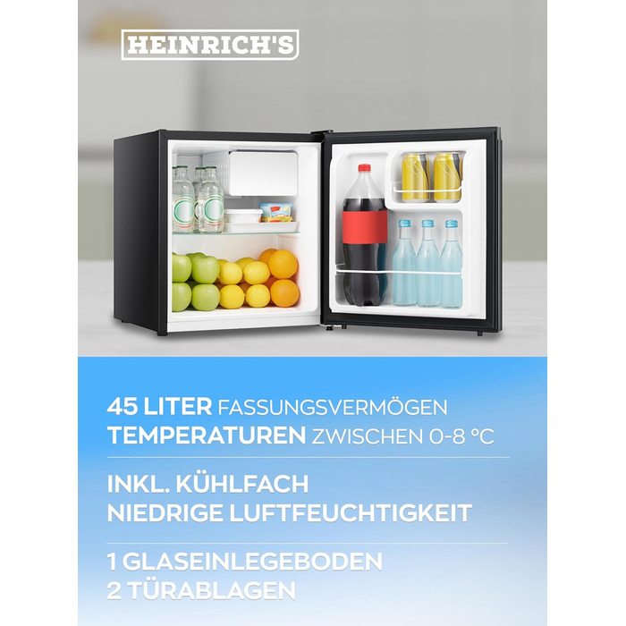 Міні-барний холодильник HEINRICHS 45 л компактний, тихий 39 дБ, з відсіком для охолодження, для офісу та вулиці (чорний)