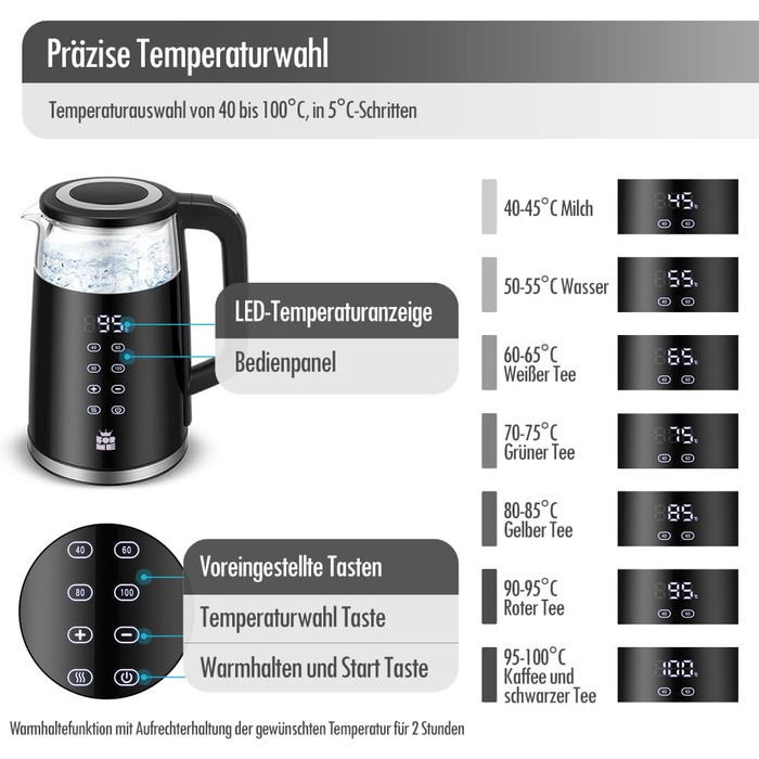 Скляний чайник ForMe 1.7 Налаштування температури Вибір температури 40-100C Світлодіодний розумний цифровий дисплей температури BPA FREE Регульований скляний чайник I Скляний чайник з нержавіючої сталі Чайник Функція збереження тепла 4017