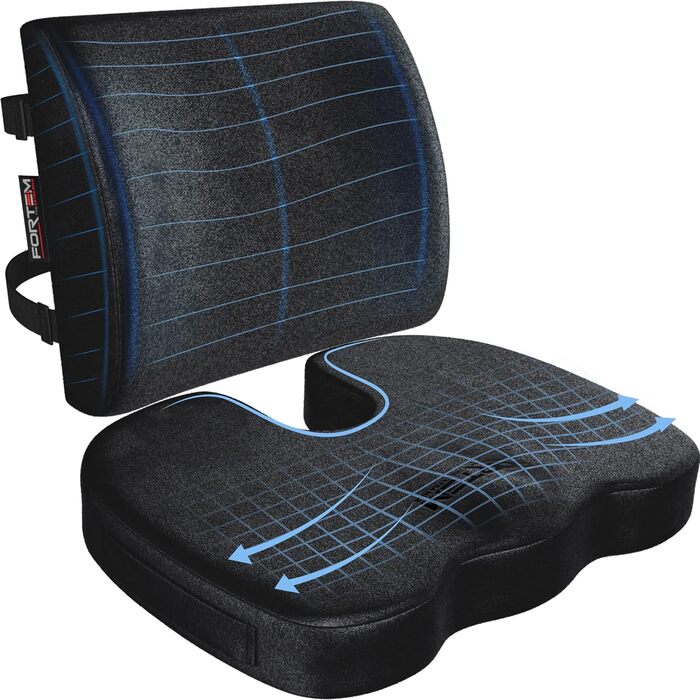 Подушка для сидіння та підтримки попереку FORTEM - м'яка, з Memory Foam, для офісного крісла, авто, геймінгу, чорна, велюр