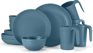 Набір посуду Odoland на 4 особи, 17 предметів: тарілки, миски, чашки (блакитний)