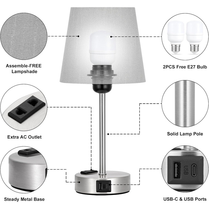 Набір з 2 сенсорних приліжкових світильників з USB AC, LED, лляний абажур (E-Grey-Silver)