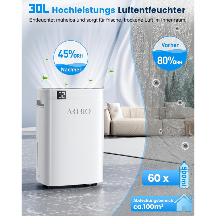 Електричний осушувач повітря 30л/день з LED дисплеєм, таймером та функцією сушіння білизни. Підходить для підвалу, ванної кімнати та квартири. Захист від вологи та плісняви.