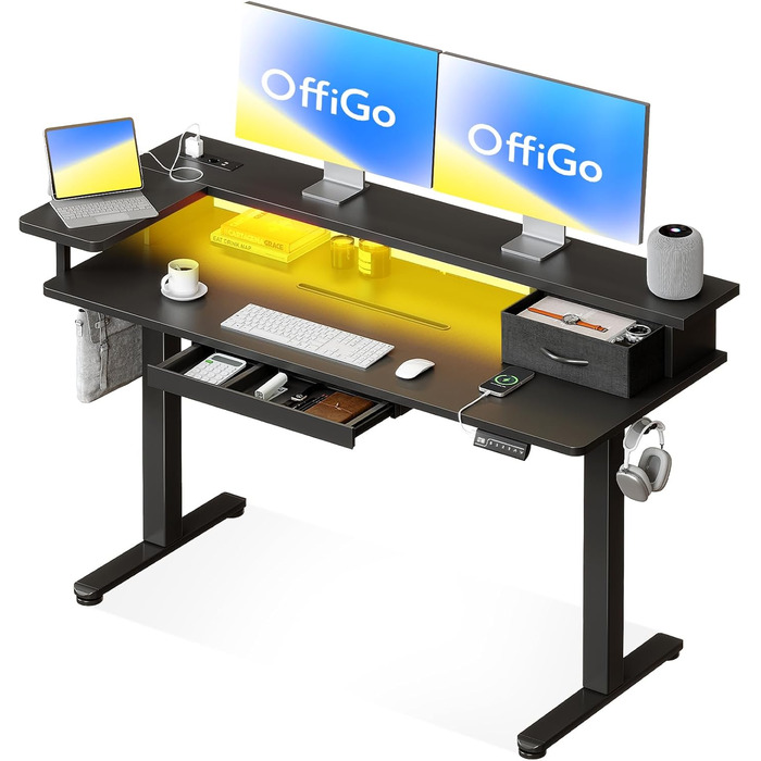 Регульований стіл OffiGo 140x60 см з L-подкоркой, USB-роз'ємом та висувною шухлядою. Чорний колір.