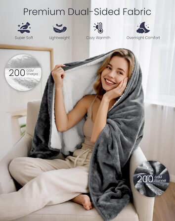 Електрична ковдра AnySun 200x180 см з автовимкненням, 6 рівнів нагріву, таймер 10 годин, захист від перегріву, сіра, для ліжка, дивану, машинне прання