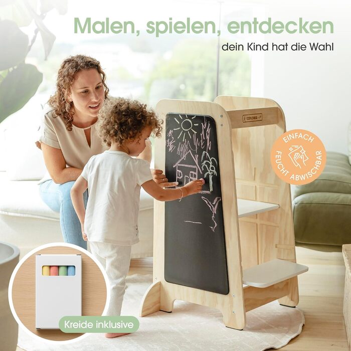 Дитячий навчальний столик-лесенка EXPLORER Kids® 5-в-1 | Монтессорі | Регульована висота, захист від перекидання | Розвиває моторику, вивчення чисел та форм | Дерев'яний, білий та салатовий | Від 1 року