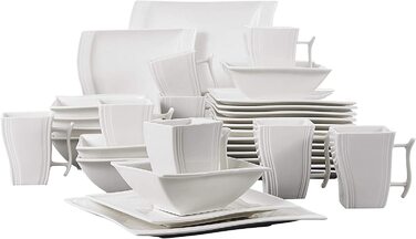 MALACASA Серія Flora – 60-елементний посуд для 12 осіб – кремово-білий порцеляновий сервіз з квадратним дизайном (тарілки, чашки, підтарілки) – придатний для миття в посудомийній машині та використання в мікрохвильовій печі, білий