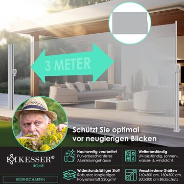 KESSER® алюмінієва висувна бічна маркіза для тераси та балкона, захист від вітру і сторонніх поглядів, автоматичне згортання, з чохлом від дощу, 300x160 см, сіра