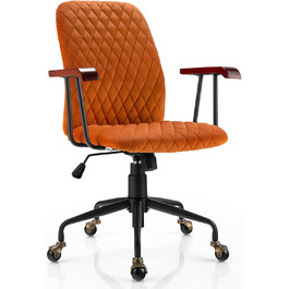 Оксамитове офісне крісло COSTWAY, обертове крісло з регульованою висотою, робоче крісло з вантажопідйомністю до 150 кг, ергономічне оксамитове крісло з середньою спинкою, м'яке сидіння, дерев'яні підлокітники (оранжевого кольору)