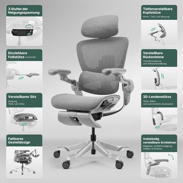 Офісний стіл HINOMI H2 Pro з ергономічною підтримкою попереку, регульованою підголівником та підлокітниками, до 150 кг, дихаюча сітка, поворотний крісло для дому та офісу, сірий