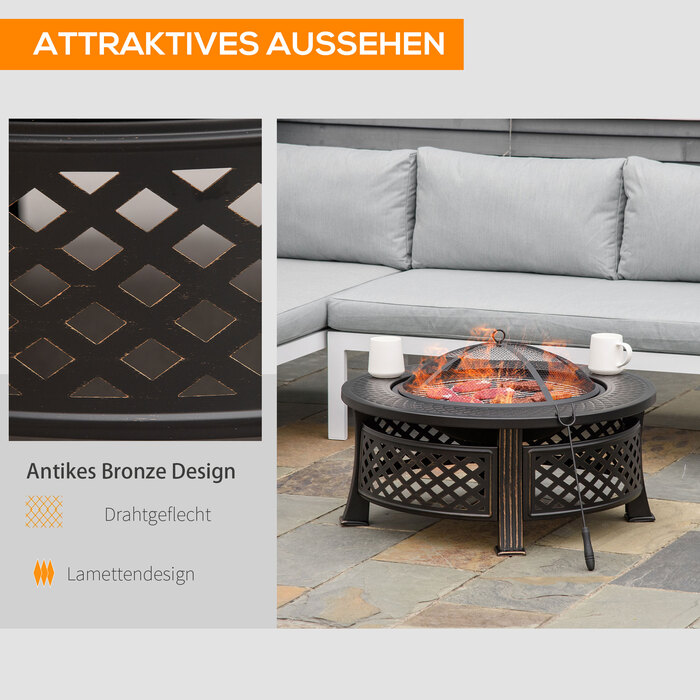 Вогнева чаша з ковпаком від іскор, захистом від іскр, вогнище, круглий вогняний стіл, вогнище для саду, кемпінгу, барбекю, сталь, чорний, 81 x 81 x 50 см