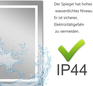 Дзеркало для ванної кімнати MIQU LED 60x50 см з підсвічуванням, тепле/холодне світло, регулювання яскравості, антизапар, прямокутна форма