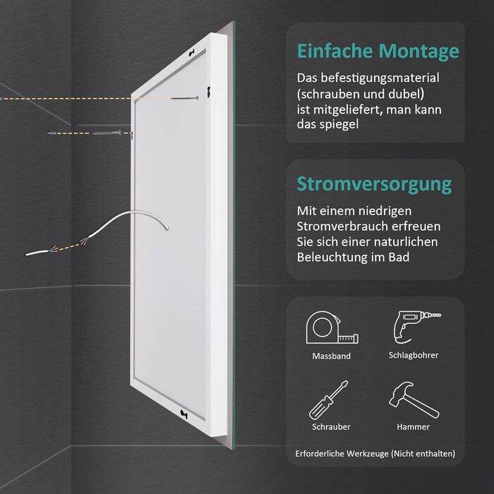 Дзеркало для ванної кімнати EMKE з підсвічуванням 60x80 см, 2 кольори світла, антизапарник, вимикач-кришка, IP44, енергозберігаюче LED, 60L x 80B см