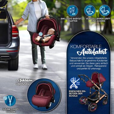 Дитяча коляска 3 в 1 KIDUKU® XXL Комплект | Комбінована коляска з люлькою, візком та автокріслом | Повний комплект з підніжкою, пелюшкою, грічкою, дощовиком та столиком | Повнорозмірні колеса, ECE R129, Бордовий / Мідно-золотий