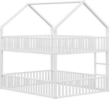 Двоярусне ліжко 140x200 для 2 дітей з лесенкою та бар'єром, металеве, з ламелями (біле)