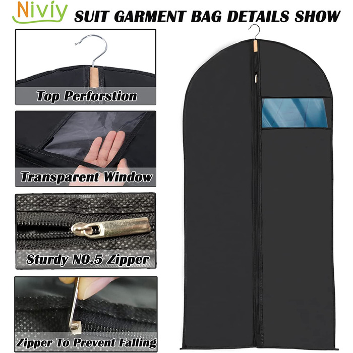 Сумка для одягу Niviy, костюм з 6 предметів, високоякісна сумка для одягу, прозора дихаюча тканина 60x100 см, для костюмів, пальто, піджаки, сорочки, вечірні сукні, сумка для костюмів, чохол для одягу (повністю чорний, 60X140 см)