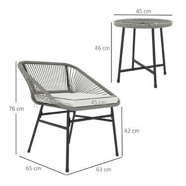 Набір садових меблів на 3 місця: 1 стіл, 2 стільці, ротанг, сталевий каркас, журнальний столик зі скляною стільницею, темно-сірий