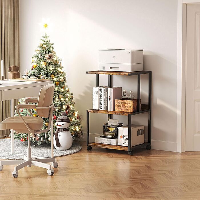 CAIYUN Стіл для принтера, стійка для принтера з фіксуючими колесами, візок для принтера на коліщатках з 3 рівнями, дерев'яно-металева конструкція, міцний і простий у збиранні, 30 x 44 x 65 см, (Коричневий)