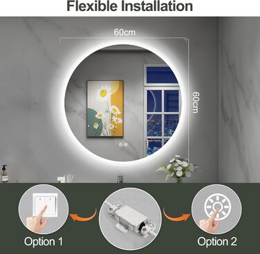 Дзеркало для ванної кімнати S'bagno Runder з підсвічуванням 60 см, антизапар, 3000K/4000K/6500K, регулювання яскравості, HD скло, функція пам'яті, IP44, 60x60 см