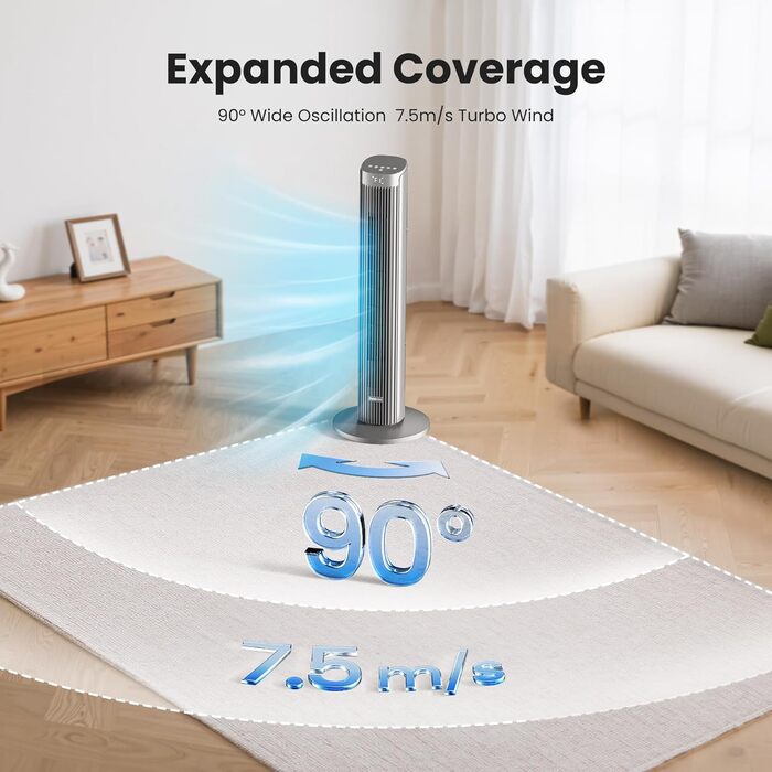 Турбовентилятор Leiser з осциляцією 90°, пульт дистанційного керування та Wi-Fi, 4 швидкості та 4 режими, таймер 12 годин, сірий, 91 см