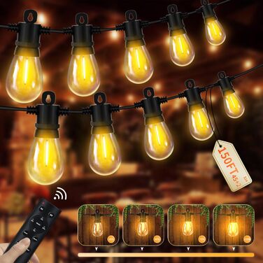 LED гірлянда для зовнішнього використання 30 метрів з пультом, S14, 100 футів, IP65, водонепроникна, 30+2 лампочки, для саду, тераси, балкону, двору, тепле біле світло (2700k, 45 м)