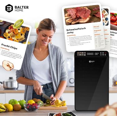 Електрична сушарка для фруктів та овочів Balter з нержавіючої сталі, 12 ярусів, 1100 Вт, 70 л об'єм, 12000 см² поверхня сушіння, BPA-free, 35–75 °C, таймер до 72 год