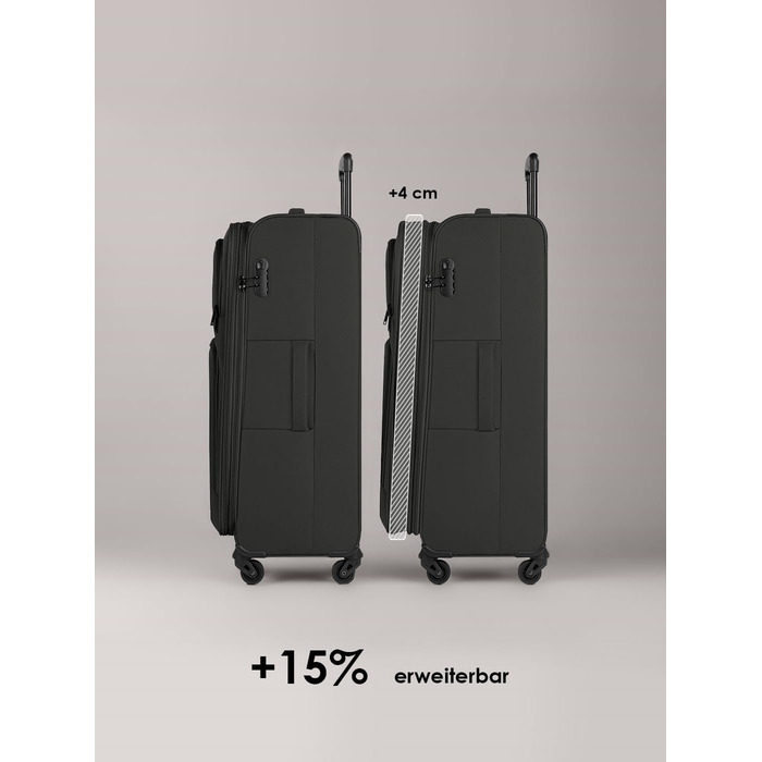 Набір валізак Smartbox (3 шт.) для жінок та чоловіків | Легкі та міцні валізи-ролери, розширювані, з кодовим замком, 4 колеса, чорний колір