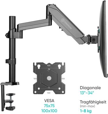 Кріплення для монітора ONKRON G90-B, 13-34 дюйми, до 10 кг, газ, VESA 75x75-100x100, чорний