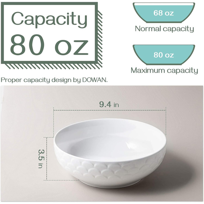 DOWAN 24,1 см Великі миски для подачі Біла салатна паста Порцелянова миска для змішування Міцний штабельований набір з 2 штук 2.5 QT