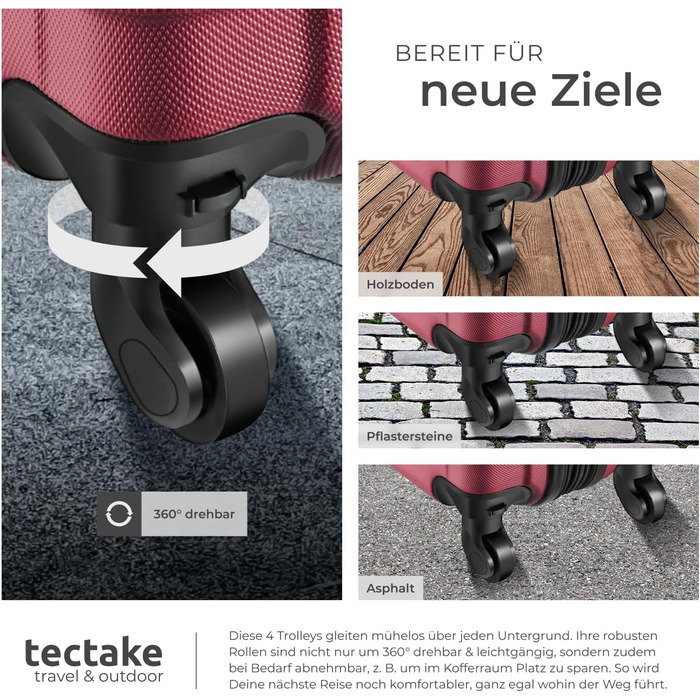Набір валіз Tectake 4шт з ABS пластику, S-M-L-XL, з роликами, телескопічним ручками та замками, з ваговою шалькою та аксесуарами для валіз (Вишневий)