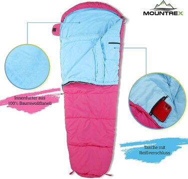 Дитячий спальний мішок MOUNTREX - портативний, як рюкзак-дитячий спальний мішок (175 x 70 x 45 см - Легкий і компактний спальний мішок з Мумією для активного відпочинку, подорожей , кемпінгу-підкладка з 100 бавовни (Рожевий / Синій, 175 x 70 x 45 см)