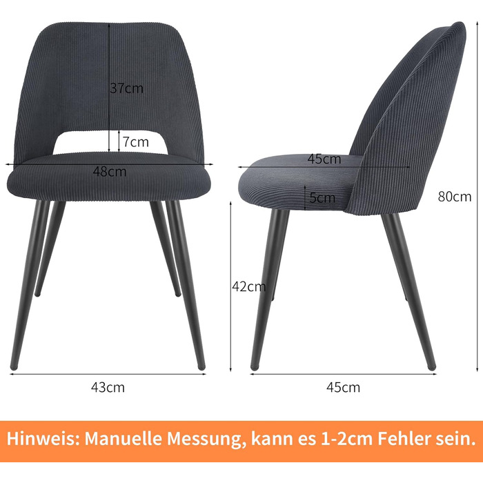 Набір обідніх стільців, кухонний стілець з тканини Cord, м'які стільці для обідньої кімнати, кухні, вітальні та спальні (Чорний, 4)