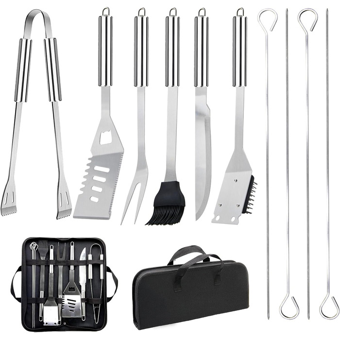 Набір гриль-посуду, 28 предметів, нержавіюча сталь, професійний аксесуар для грилю з сумкою, подарунок на день народження/Новий рік для чоловіків, для саду та кемпінгу, BBQ (срібний)