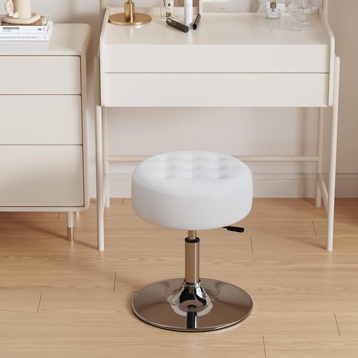 Пуф-стілець для макіяжу Furniliving Mid-Century з регульованою висотою та обертанням; Великий круглий пуф для туалету в спальню або вітальню (Білий)