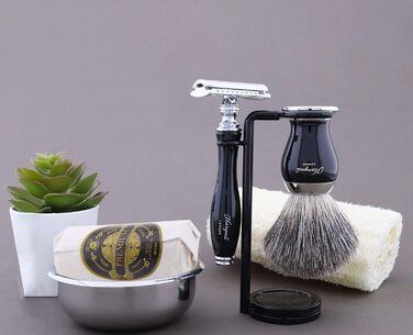 Чорний набір для гоління Haryali London з 5 предметів - Безпечна бритва з подвійним лезом - Щітка для гоління Super Badger Hair - Підставка для гоління - Мило для гоління - Чаша для гоління