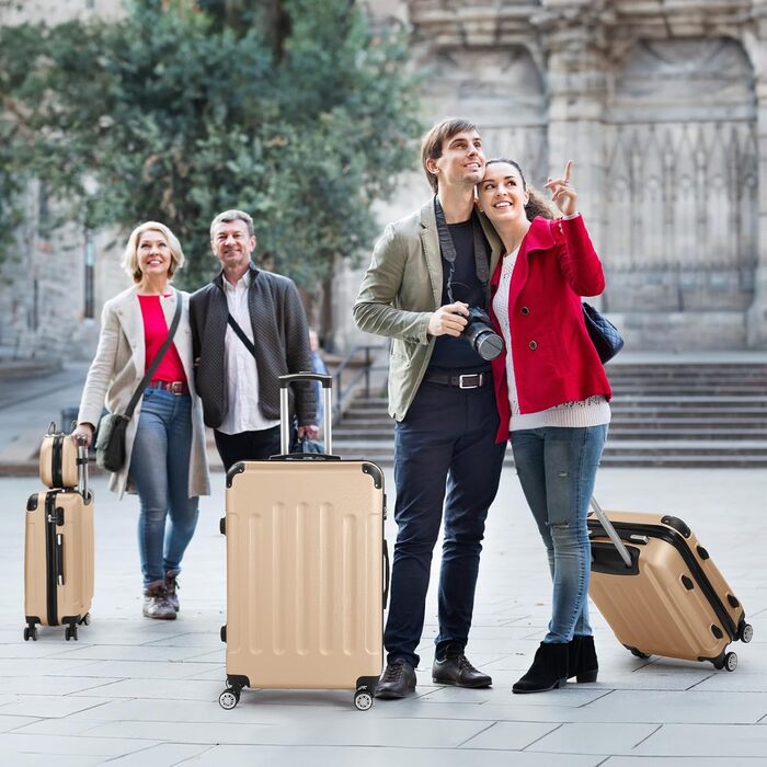 Набір валіз LALAHO 4 шт. з косметичками, з ABS пластику, золотий колір, для подорожей, ручна поклажа