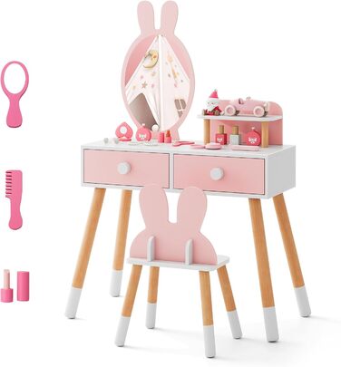 Дитячий туалетний столик COSTWAY з дизайном зайчика, 2-в-1 з дзеркалом, 2 шухляди та полиця, комплект для макіяжу з масивними дерев'яними ніжками для дівчаток (Рожевий)