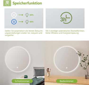 Круглий LED-дзеркало для ванної кімнати S'AFIELINA 60см з підсвічуванням та сенсорним вимикачем, регулювання кольору світла (тепле, нейтральне, холодне), диммування