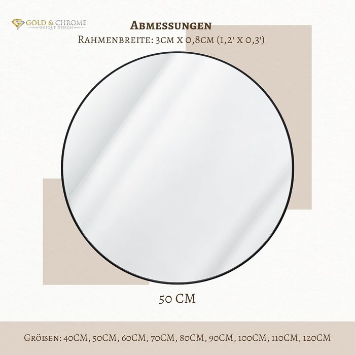 Круглий настінний дзеркало GOLD&CHROME UNIQUE DESIGN чорного кольору - 50 x 50 см, для ванної кімнати та макіяжу, з алюмінію, декоративне, велике, 2 роки гарантії