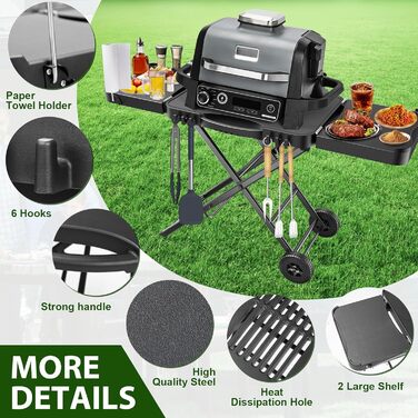 Мобільний гриль-візок для Ninja Woodfire, Weber, Blackstone, Nexgrill, Traeger та більшості переносних грилів та піч-грилів, з колесами та тримачем для паперових рушників, 129,5 см