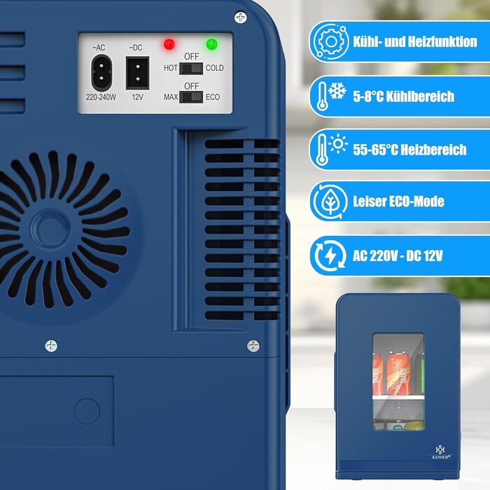 Міні холодильник KESSER® 2в1: 15 літрів, охолодження та підігрів, портативний, AC/DC, для авто, офісу, кемпінгу