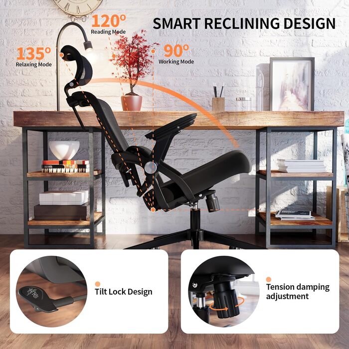 Офісний стіл-крісло Monhey з регулюванням висоти, поворотне з відкидними підлокітниками, дихаюча сітка, регульована підголовник та інтелектуальна підтримка попереку – для дому/офісу, чорний