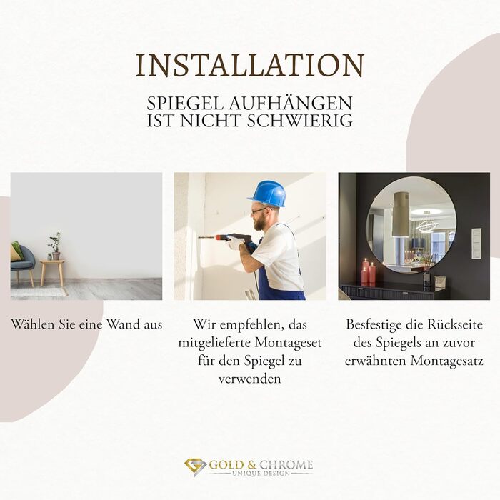 Круглий настінний дзеркало GOLD&CHROME UNIQUE DESIGN чорного кольору - 50 x 50 см, для ванної кімнати та макіяжу, з алюмінію, декоративне, велике, 2 роки гарантії