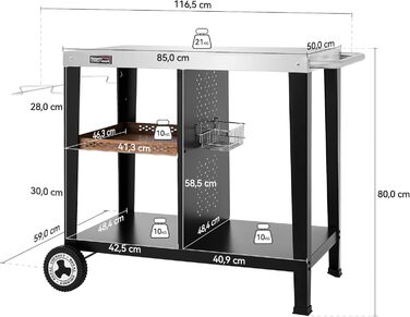 Роял Гормет: Робоча поверхня для гриля 85x50 см з нержавіючої сталі, візок на 3 яруси для гриля та піци, з ручками, тримачем для сміття та полицями для зберігання, легко миється та мобільний