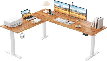 Електричний кутовий стіл Klicelor з регулюванням висоти, L-подібний стіл для стоячи роботи з 3 функціями пам'яті та антиколізійною технологією, ергономічний комп'ютерний стіл, білий (190 x 155 см, світло-коричневий)