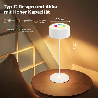 LED-лампа настільна акумуляторна з регулюванням яскравості, перезарядна, 3000-6000K+RGB, USB-C, для дому та вулиці, водонепроникна (IP54), алюмінієва