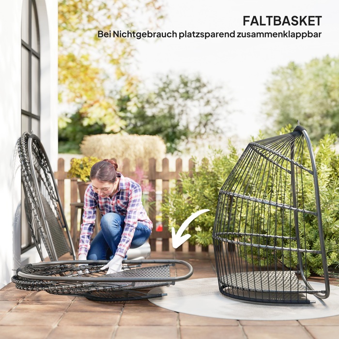 Підвісне крісло Підвісний кошик з подушкою Poly Rattan Swing Зовнішнє складне підвісне крісло з навантаженням до 150 кг Підвісне гойдалка Плетене підвісне крісло для вітальні Балкон Тераса Темно-сірий | Аосом