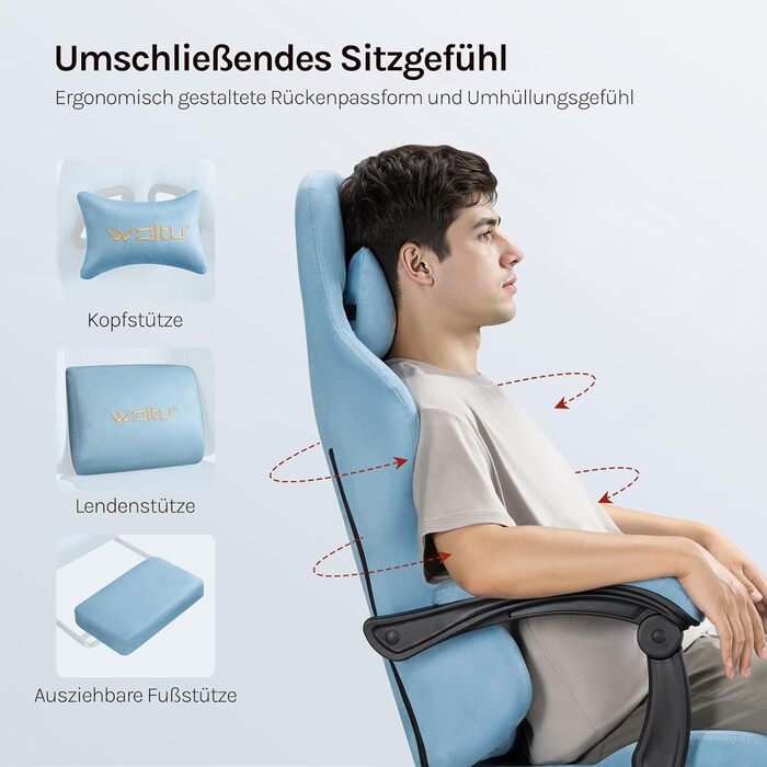 Ігровий крісло WOLTU з регульованою спинкою, обертовий офісний крісло з підлокітниками, підставкою для ніг, поперековою підтримкою, підголівником, блакитний