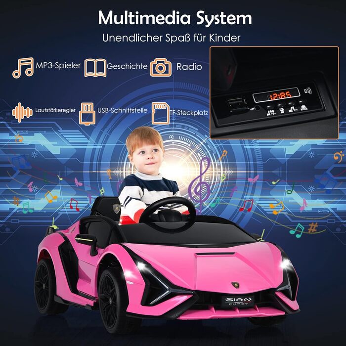 Дитячий електромобіль Lamborghini 12V COSTWAY з пультом, MP3, музикою, LED-фарами, рожевий, для дітей 3-8 років