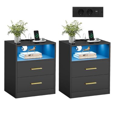 VASAGLE Custos: Набір з 2 тумбочок з LED-підсвічуванням та зарядкою, чорний, з шухлядами, 2 розетки AC та USB